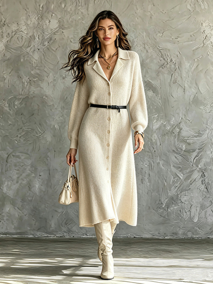 ElevenOra Chic Elegant Beige Peak Lapel Long-Lantern-Sleeve Single-Breasted Belted A-Line Loose-Fit Knit Midi Dress