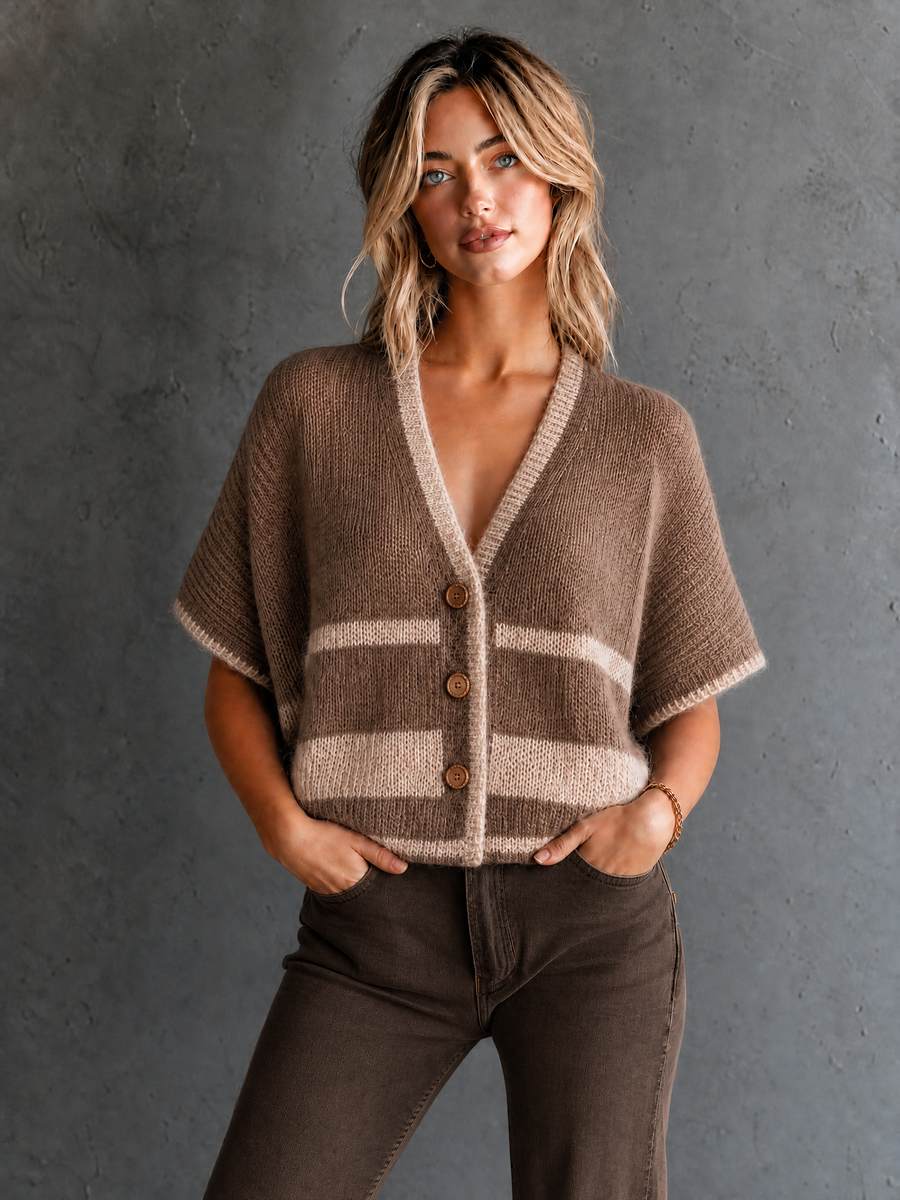 ElevenOra Chic Elegant Camel V-Neck Contrast Trim Batwing Sleeve Single-Breasted Loose-Fit Knit Cardigan Top