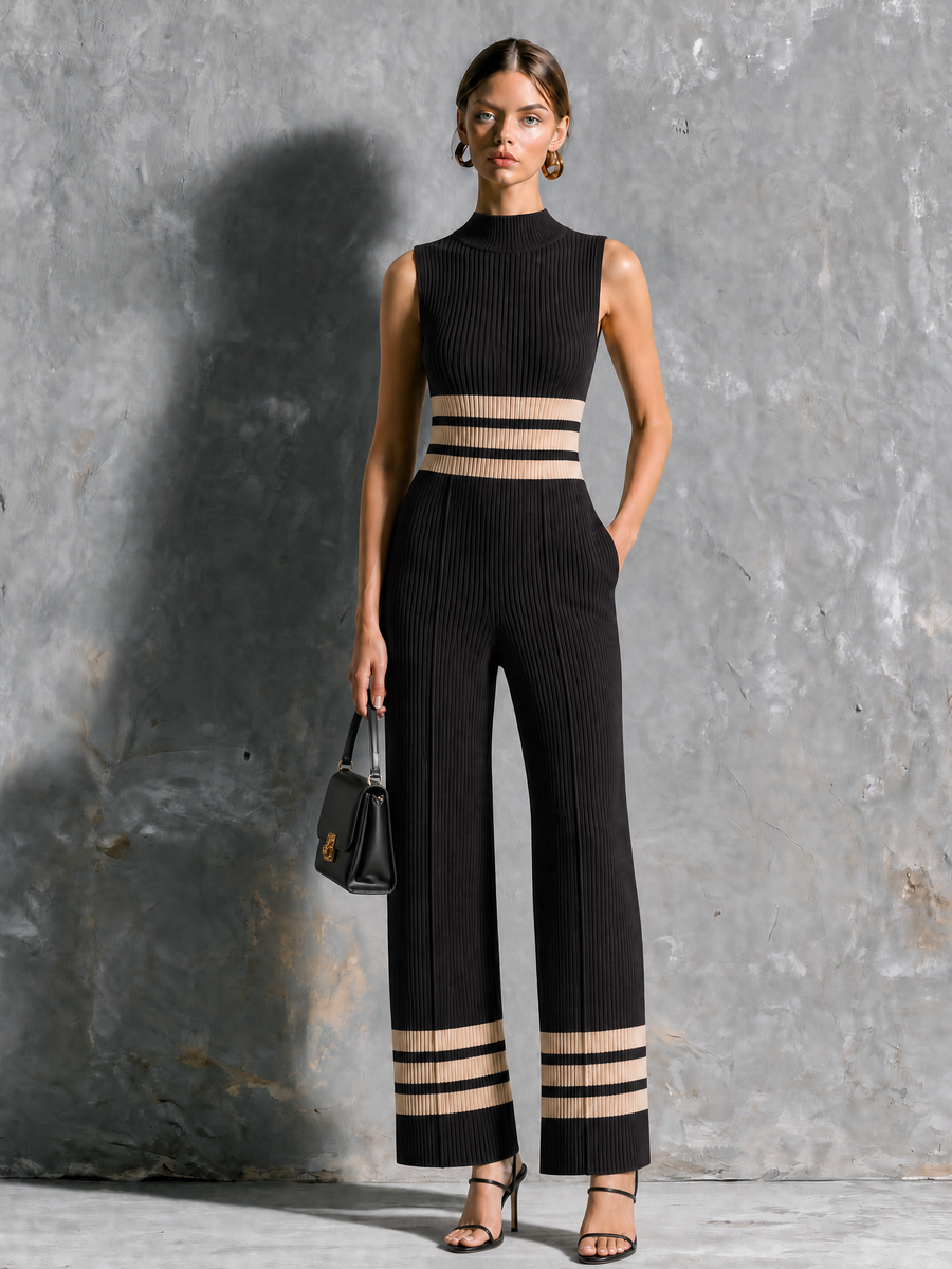 ElevenOra Chic Elegant Black Mock Neck Contrast Trim Sleeveless Slim-Fit Wide Leg Ribbed Knit Jumpsuit