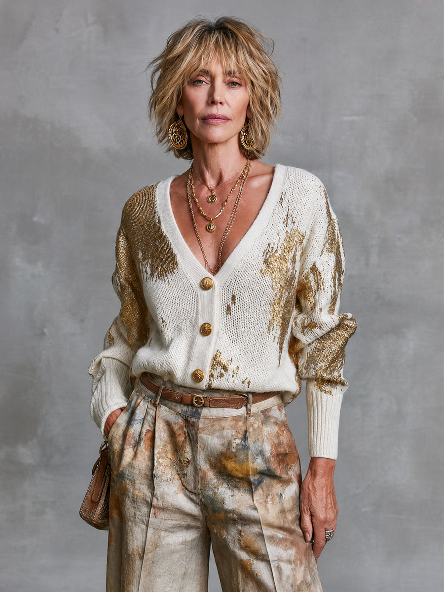 ElevenOra Chic White-Gold Color-Blocked V-Neck Long Sleeved Single-Breasted Loose-Fit Knit Cardigan Top