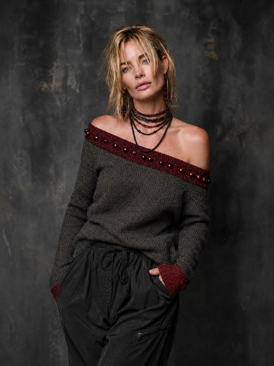 ElevenOra Chic Casual Dark Gray-Claret Colorblock Off-Shouder Beading-Details Long Sleeve Regular Fit Knit Sweater Top