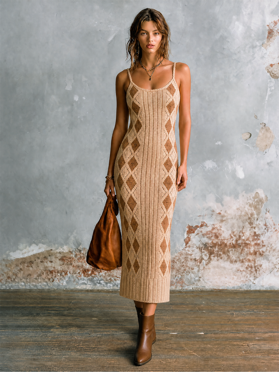 ElevenOra Chic Elegant Beige Spaghetti Straps U-Neck Contrast TrimArgyle Diamond Jacquard Sleeveless Slim-Fit Knit Midi Dress