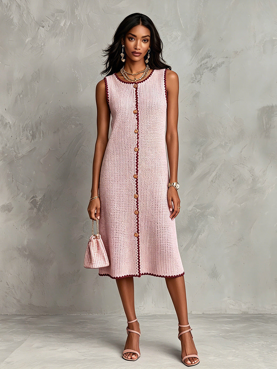 ElevenOra Chic Elegant Pink Round-Neck Sleeveless Single-Breasted Burgundy Trim Detail A-Line Knit Midi Dress