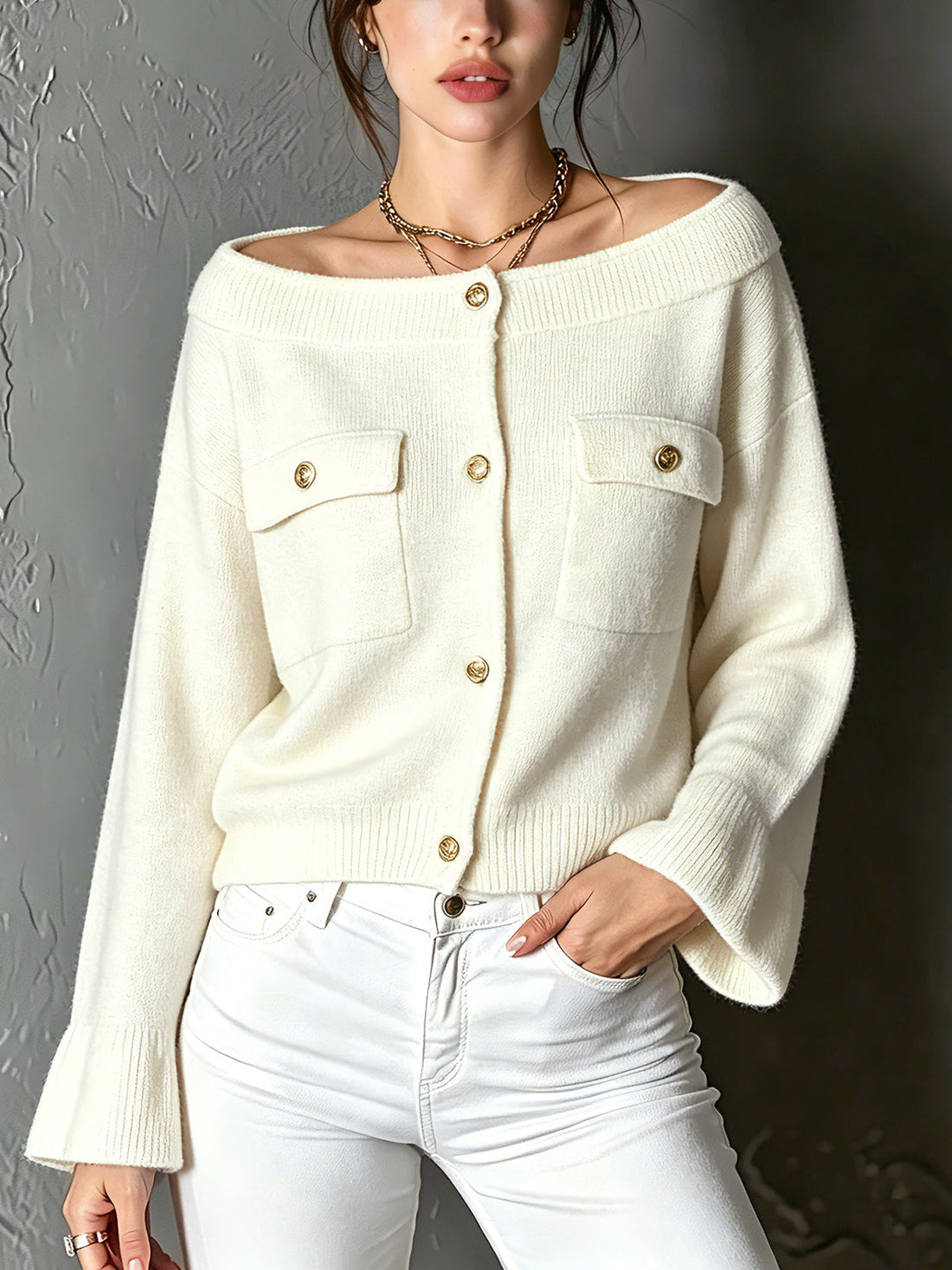 ElevenOra Chic Elegant Cream White Off-The-Shoulder Long-Flare-Sleeve Single-Breasted Flap Pockets Soft Ribbed Knit Cardigan
