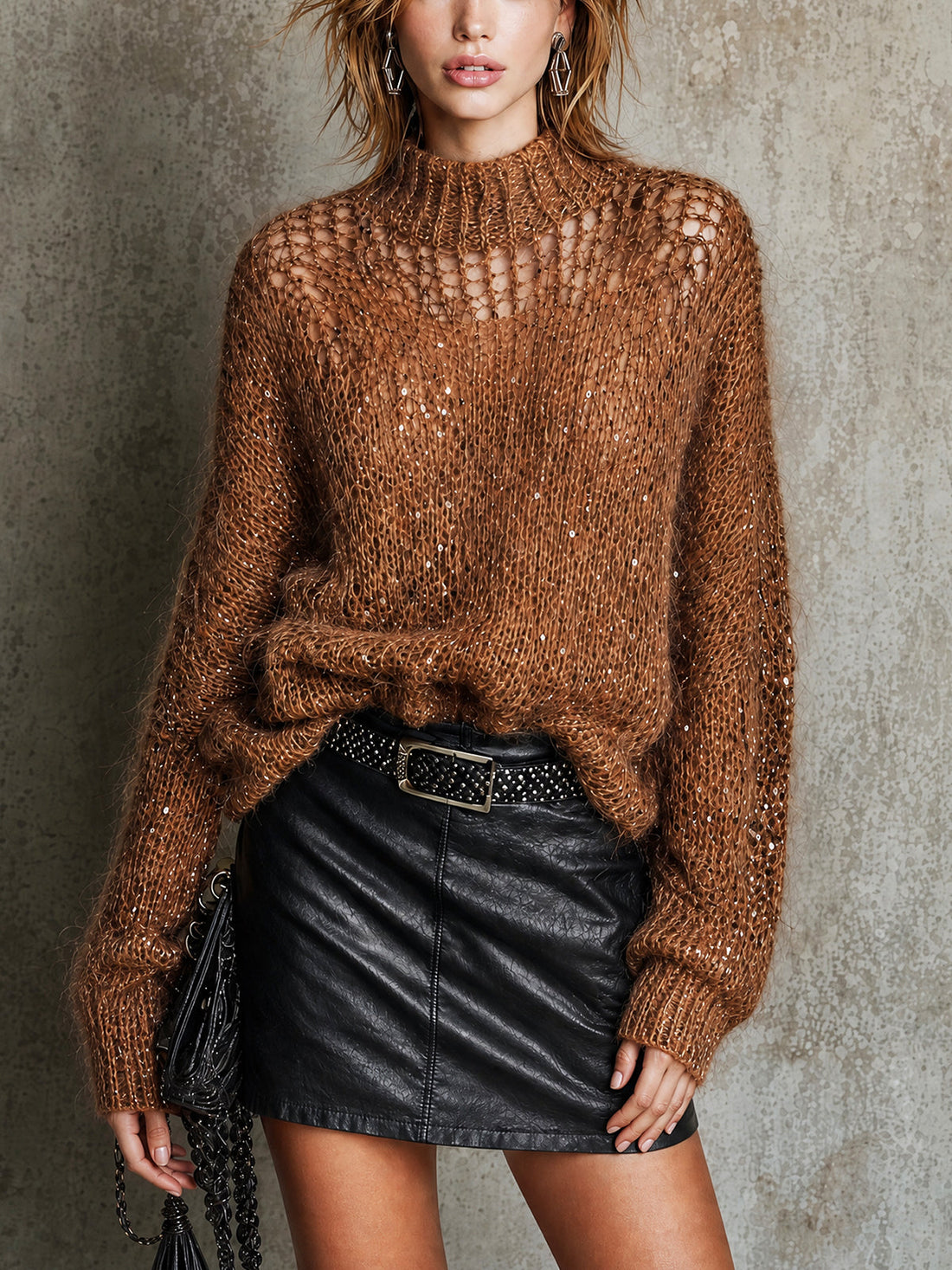 ElevenOra Chic Caramel Turtleneck Long Sleeved Loosen-Fit Knit Sweater Top