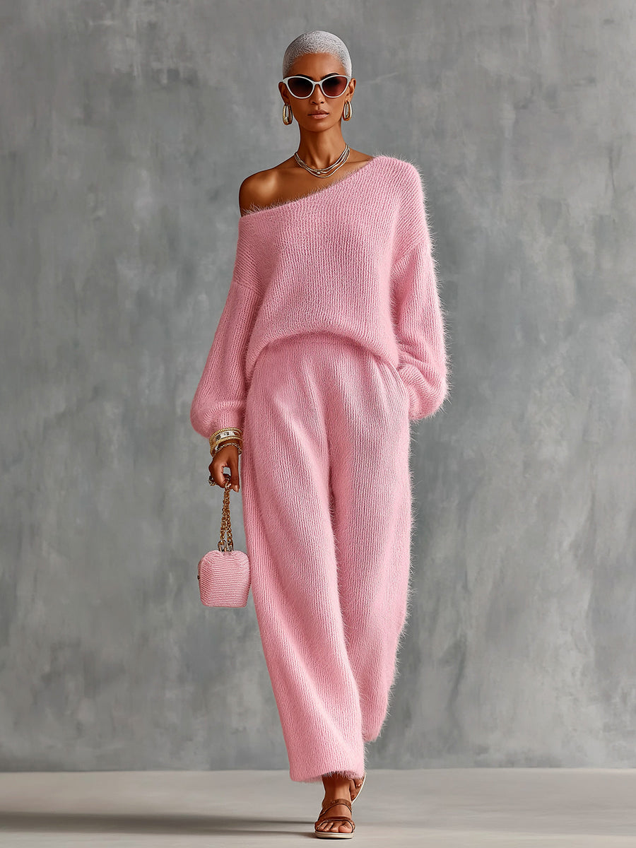 ElevenOra Chic Elegant Pink One-Shoulder Long-Lantern-Sleeve Sweater Wide-Leg Pants Loose-Fit Soft Mohair Blend Knit Two-Piece Set
