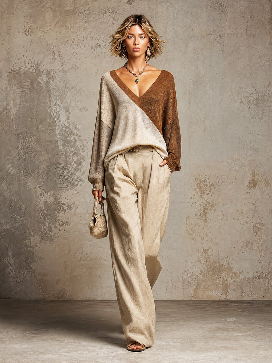 ElevenOra Chic Elegant Beige-Light Gray-Brown Colorblock V-Neck Long-Sleeve Loose-Fit Knit Top Beige Linen Wide-Leg Trousers Set