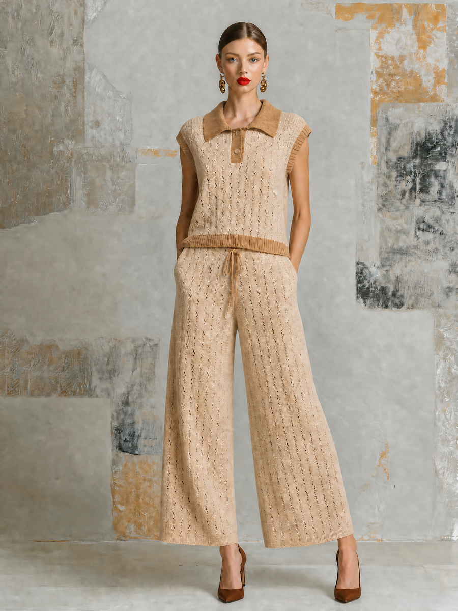 ElevenOra Chic Elegant Beige Lapel-Collar Button-Up Contrast Trim Cap Sleeve Hollow-Out Sweater Wide-Leg Pants Knit Two-Piece Set