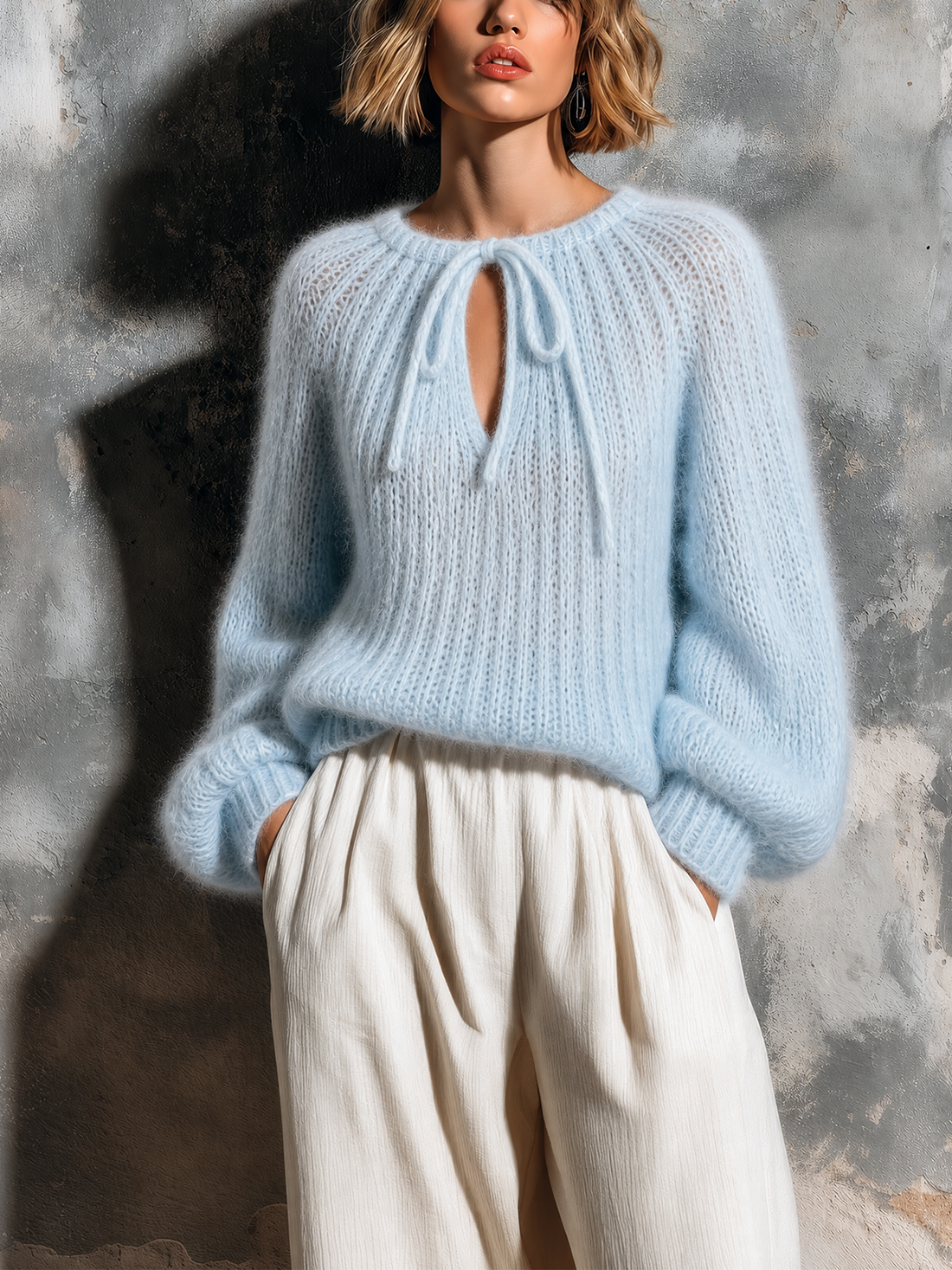 ElevenOra Chic Casual Sky Blue Round-Neck Keyhole Tie‑Up Long Sleeve Loose-Fit Mohair Knit Sweater Top