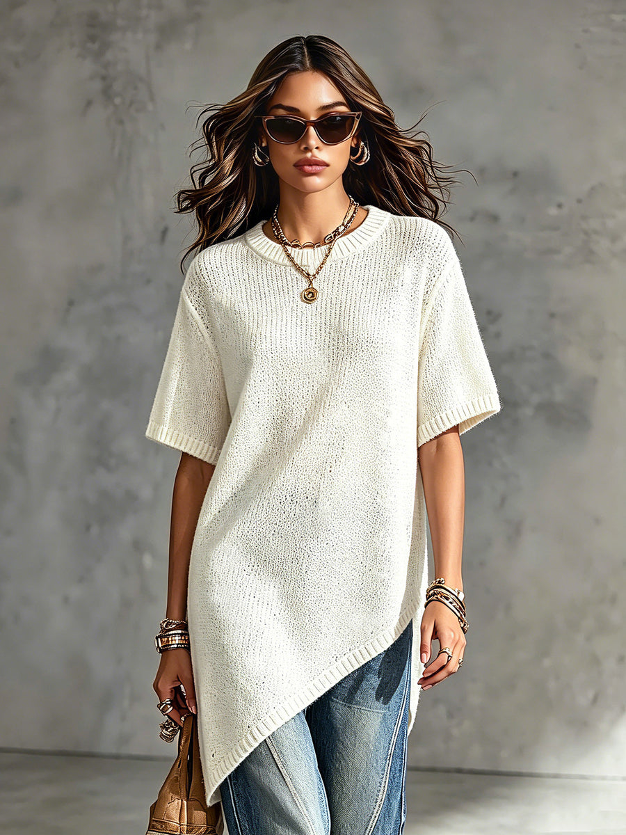 ElevenOra Chic Elegant Cream White Round-Neck Short-Sleeve Asymmetrical Hem Loose-Fit Soft Knit Sweater