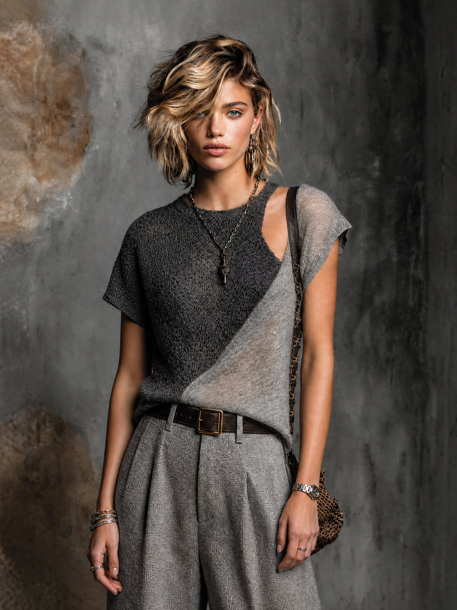 ElevenOra Chic Dark Gray-Light Gray Colorblock Round Neck Cutout Details Short Sleeve Loose-Fit Knit Sweater Top