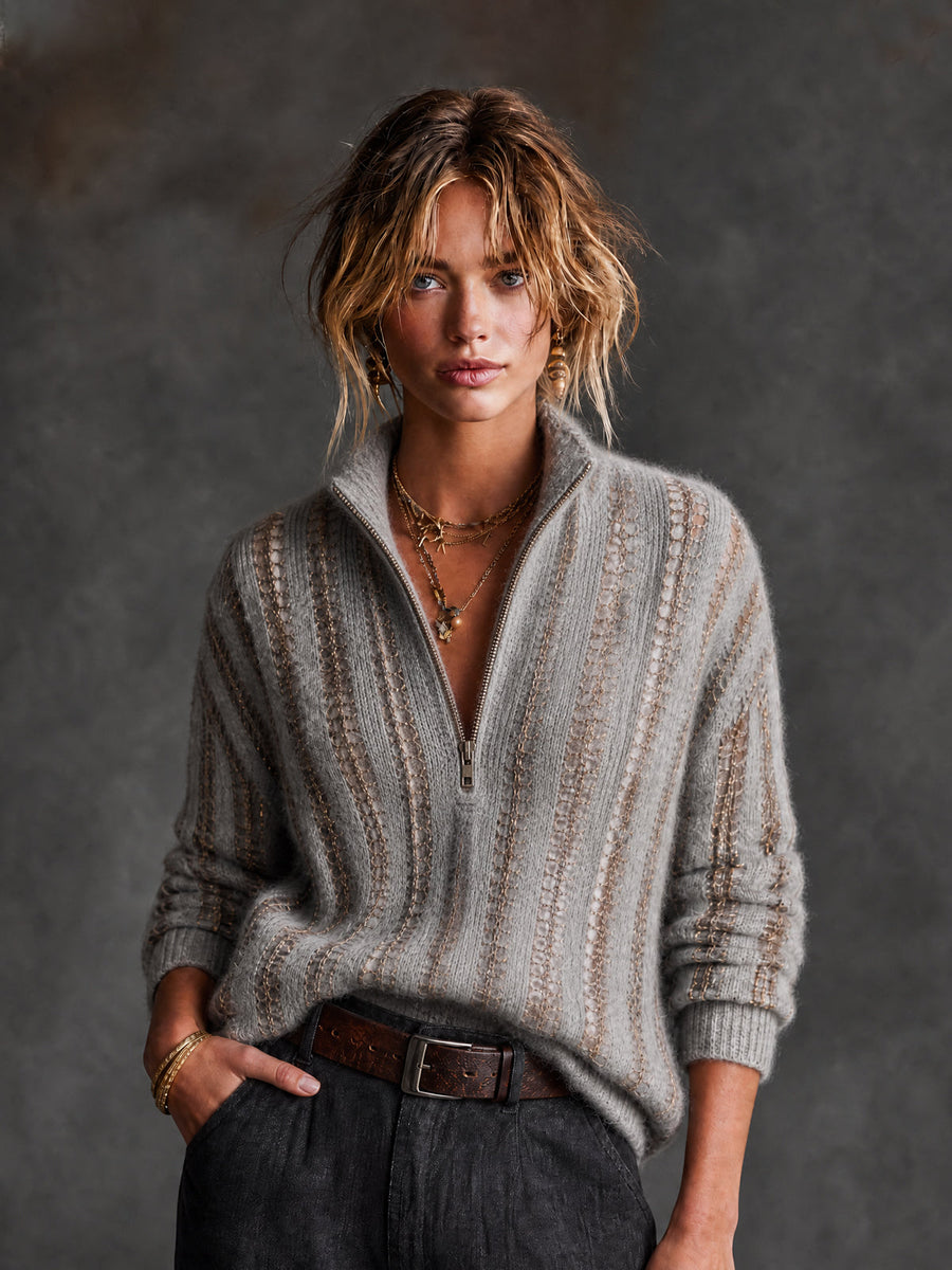 ElevenOra Chic Gray-Gold Colorblock Stripes Half Zip Long Sleeve Loose-Fit Mesh Knit Sweater Top