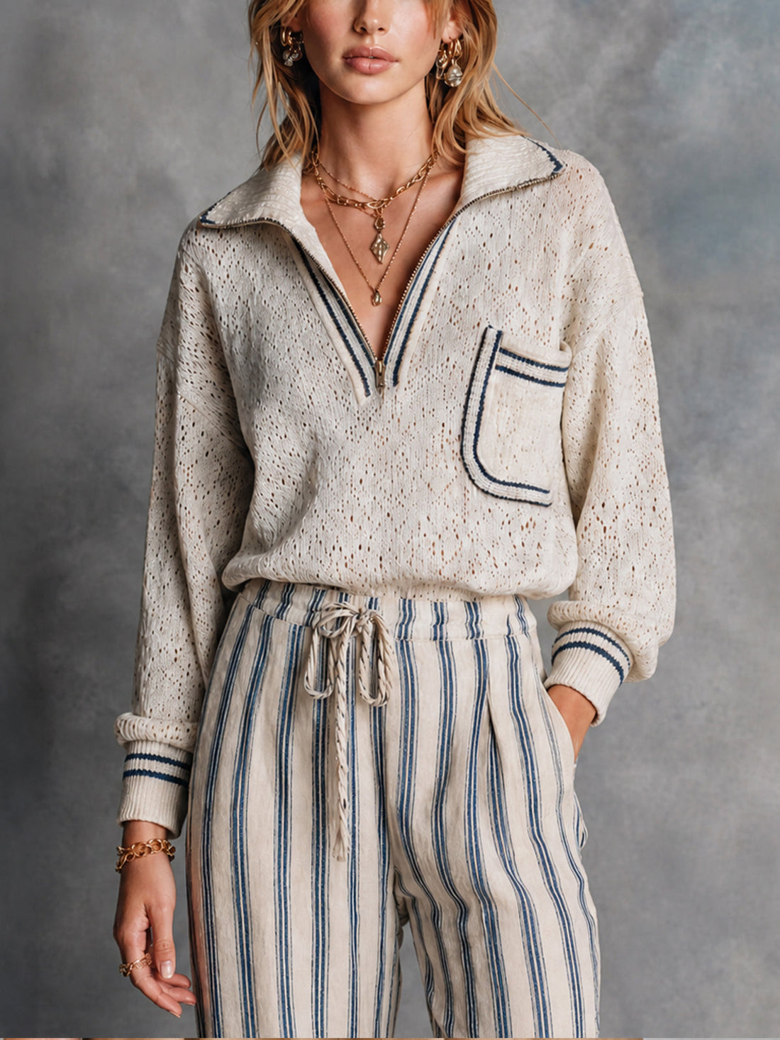 ElevenOra Chic Cream-Navy Contrast Trim Half-Zip Collar Pocket Details Long Sleeve Loose-Fit Hollow Knit Sweater Top
