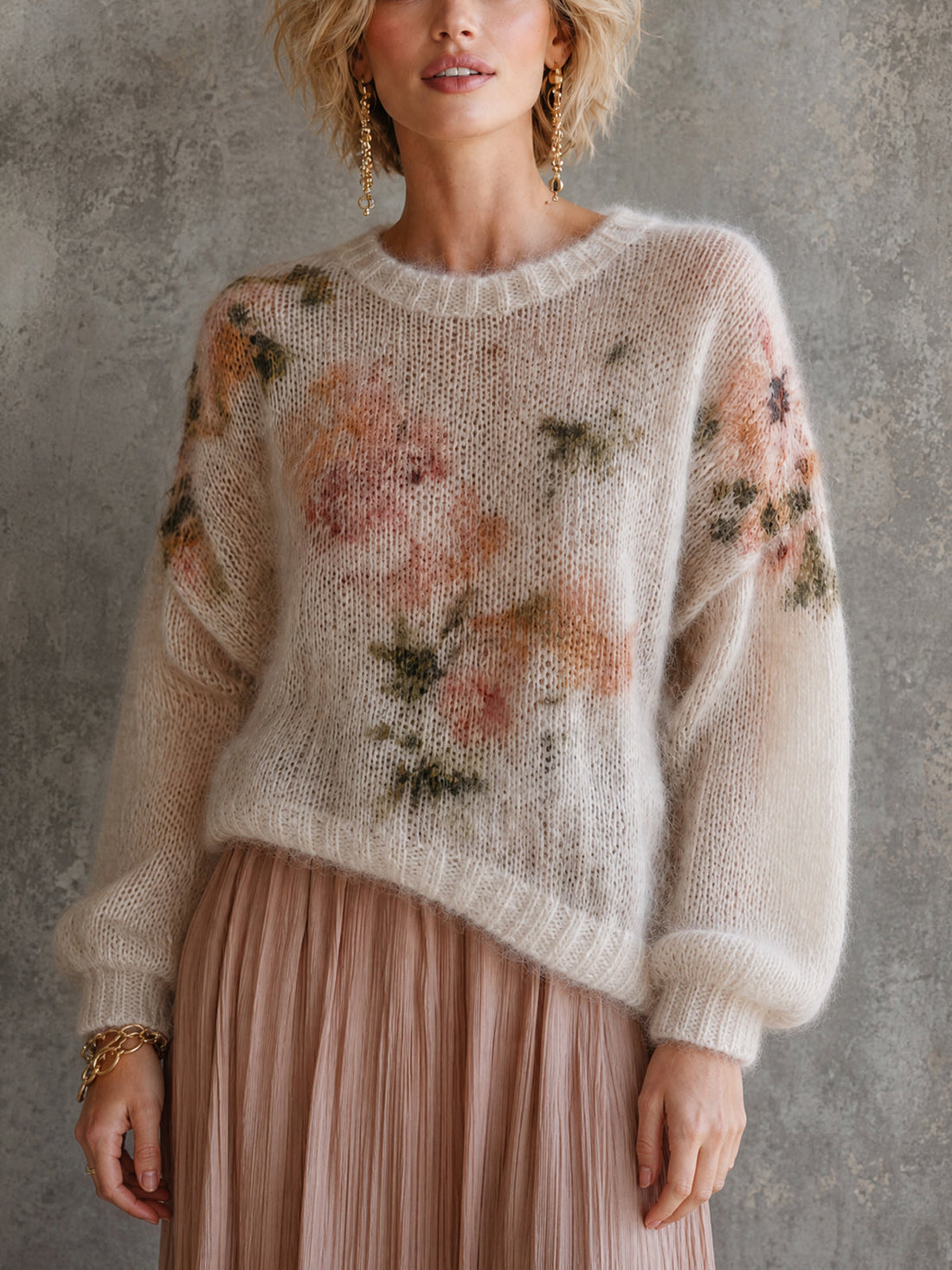 ElevenOra Chic Cream Floral Print Round Neck Long Puff Sleeve Loose-Fit Fluffy Knit Sweater Top