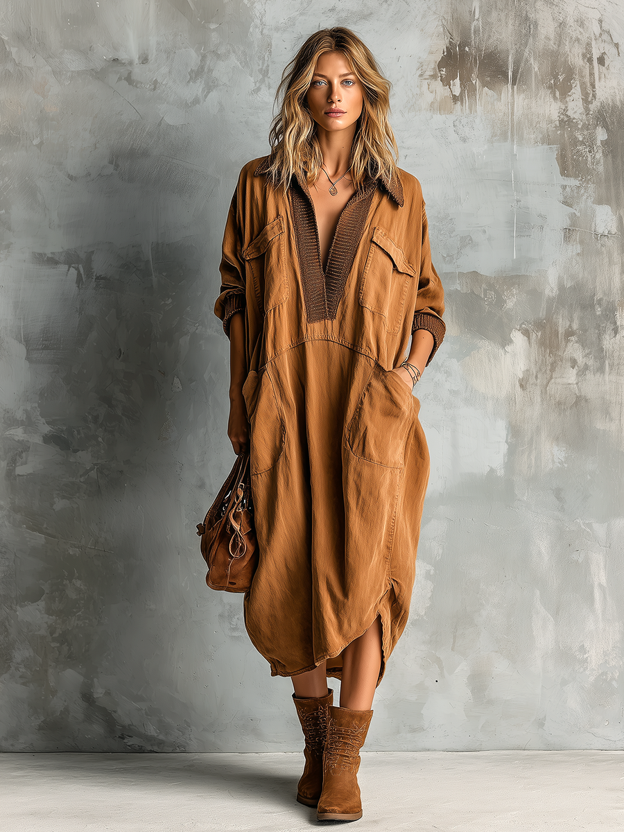 ElevenOra Chic Casual Caramel Cotton Blend Lapel-Collar Contrast Trim V-Neck Patch Pockets Long Sleeve Asymmetrical Hem Loose-Fit Midi Dress