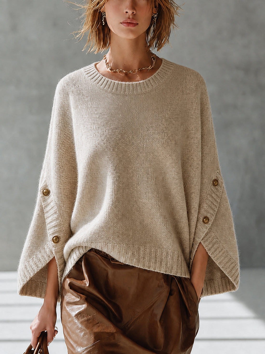 ElevenOra Chic Oatmeal Round Neck Three-Quarter Bawting Sleeve Loose-Fit Button Detail Knit Sweater Top