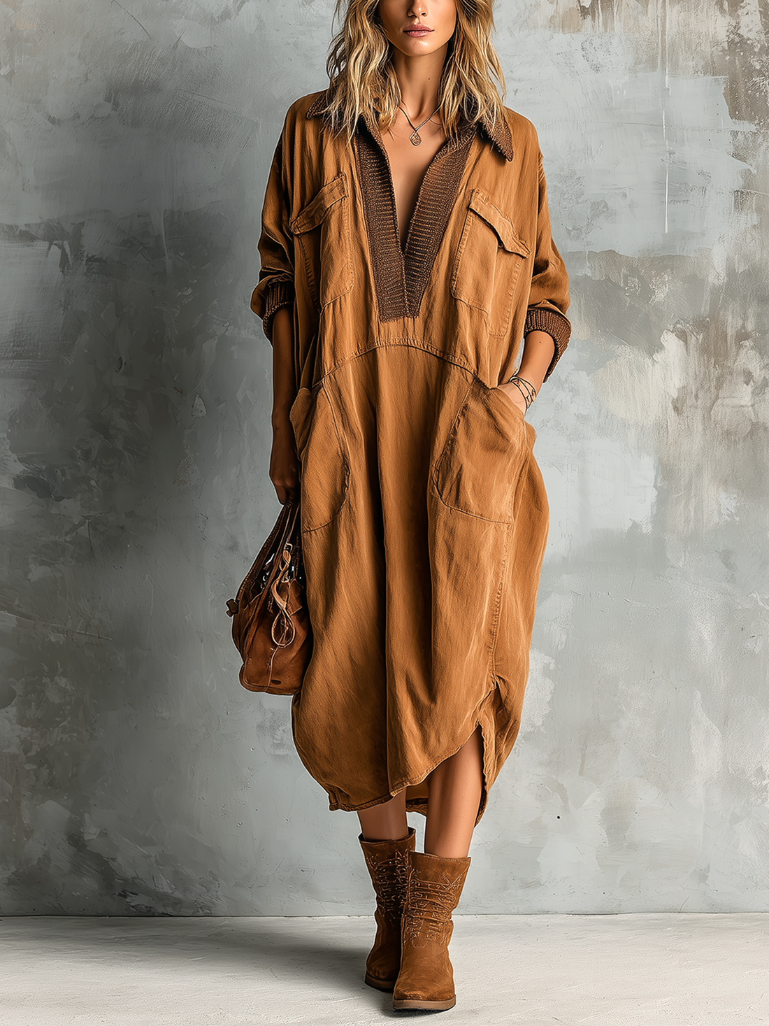 ElevenOra Chic Casual Caramel Cotton Blend Lapel-Collar Contrast Trim V-Neck Patch Pockets Long Sleeve Asymmetrical Hem Loose-Fit Midi Dress