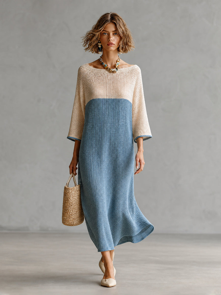 ElevenOra Chic Beige-Blue Colorblock Boat Neck Three Quarter Sleeve Loose-Fit Hollow Knit Maxi Dress
