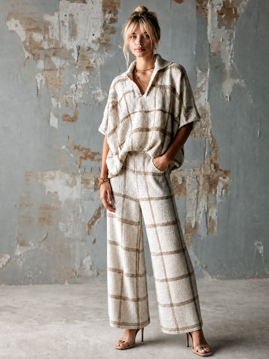 ElevenOra Chic Elegant Off-White-Camel Grid Jacquard Lapel V-Neck Short-Sleeve Loose-Fit Sweater Elastic-Waist Pants Knit Two-Piece Set