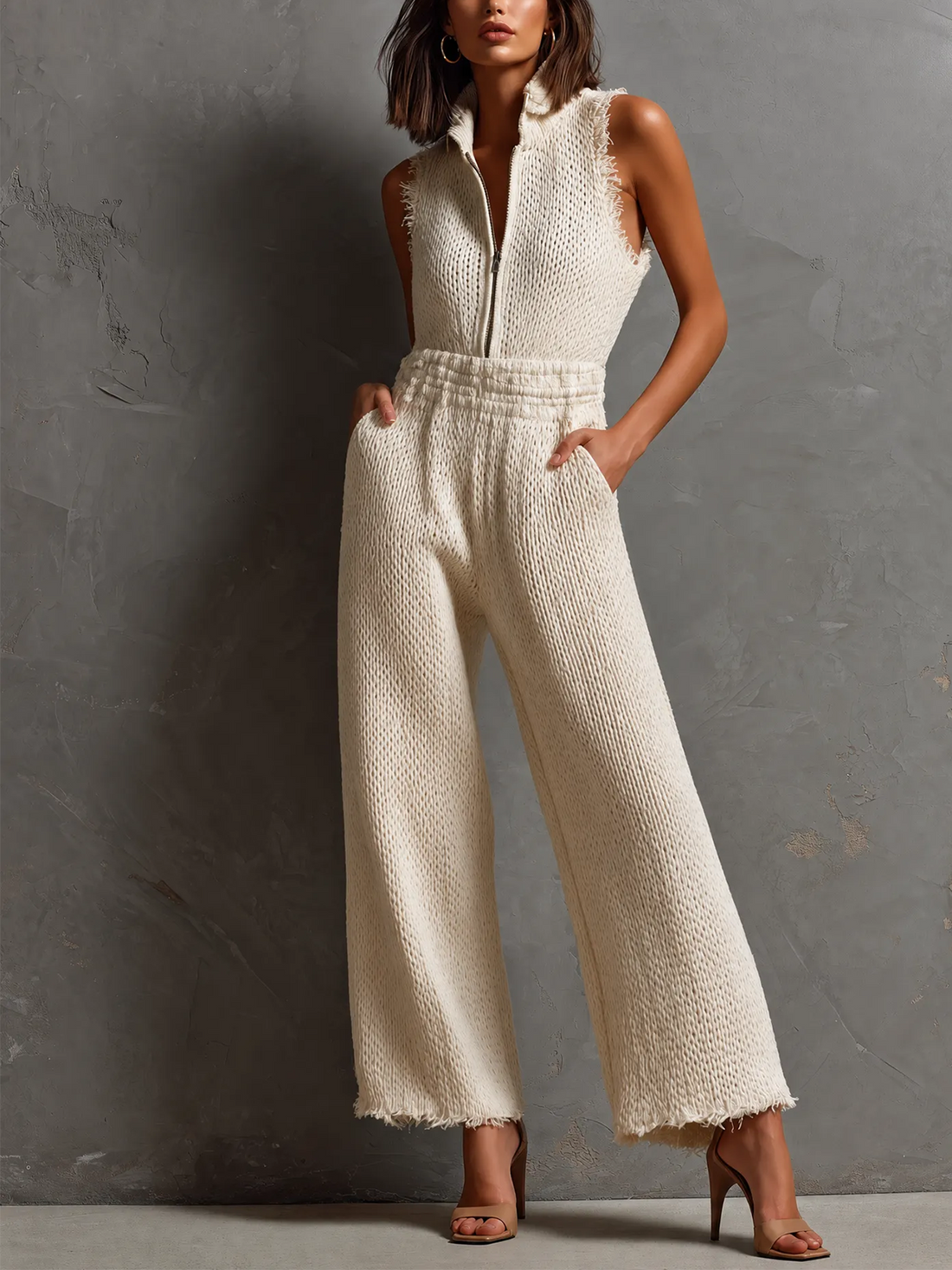 ElevenOra Chic Elegant Cream White Stand Collar Half Zip Frayed Edge Sleeveless Elastic-Waist Loose-Fit Knit Jumpsuit