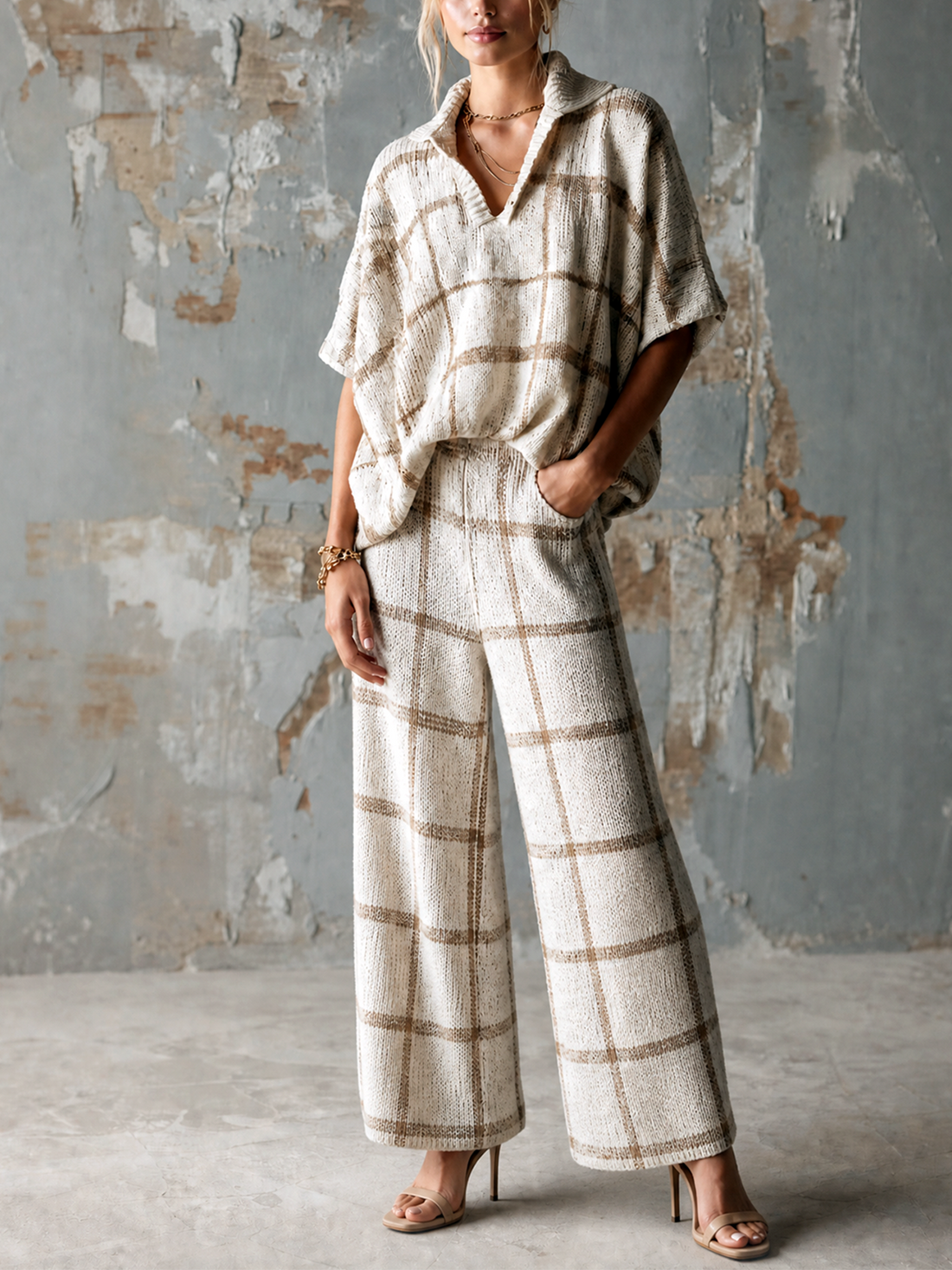 ElevenOra Chic Elegant Off-White-Camel Grid Jacquard Lapel V-Neck Short-Sleeve Loose-Fit Sweater Elastic-Waist Pants Knit Two-Piece Set