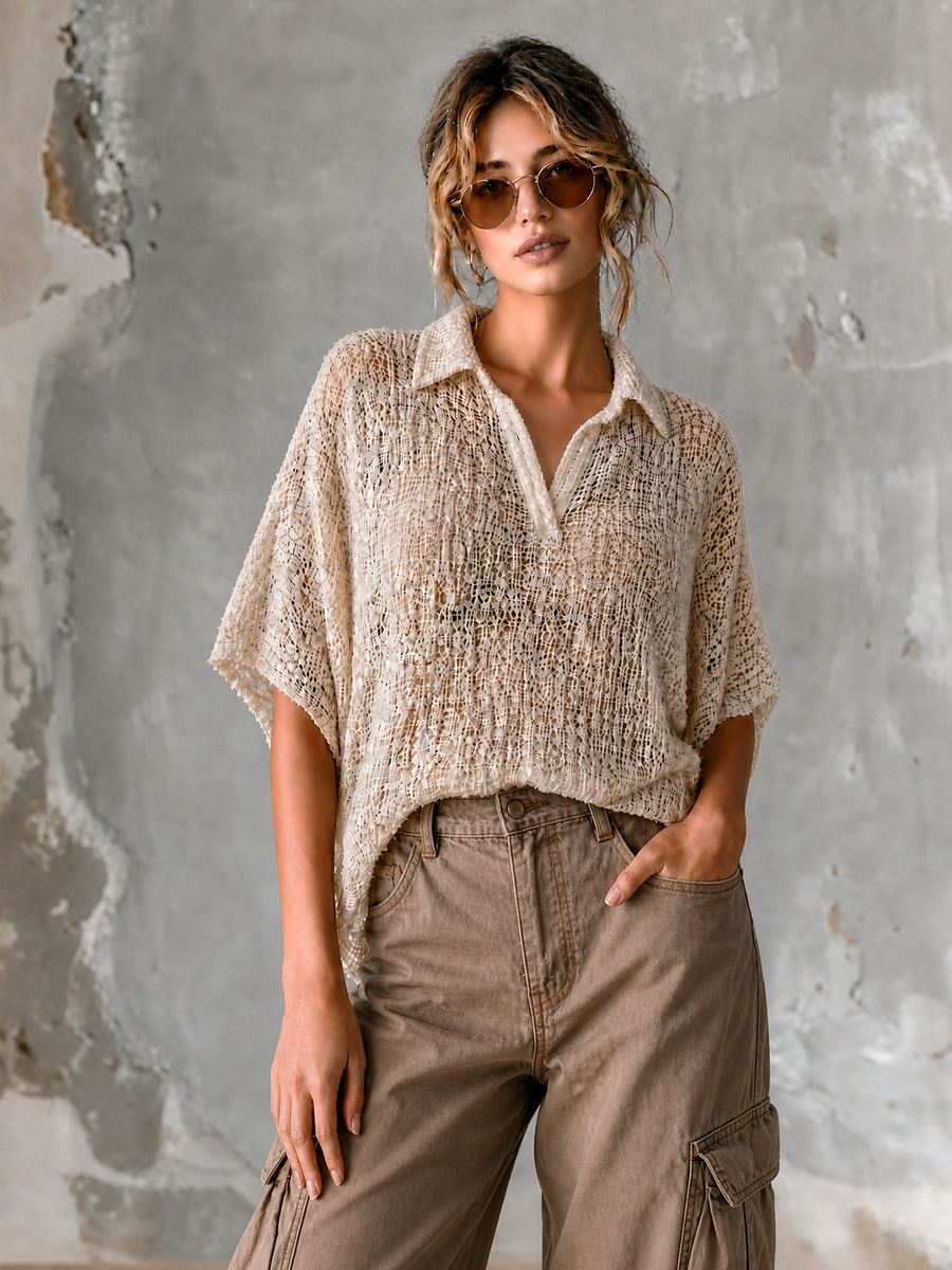 ElevenOra Chic Casual Off-White Lapel-Collar V-Neck Short Sleeve Loose-Fit Mesh Knit Sweater Top