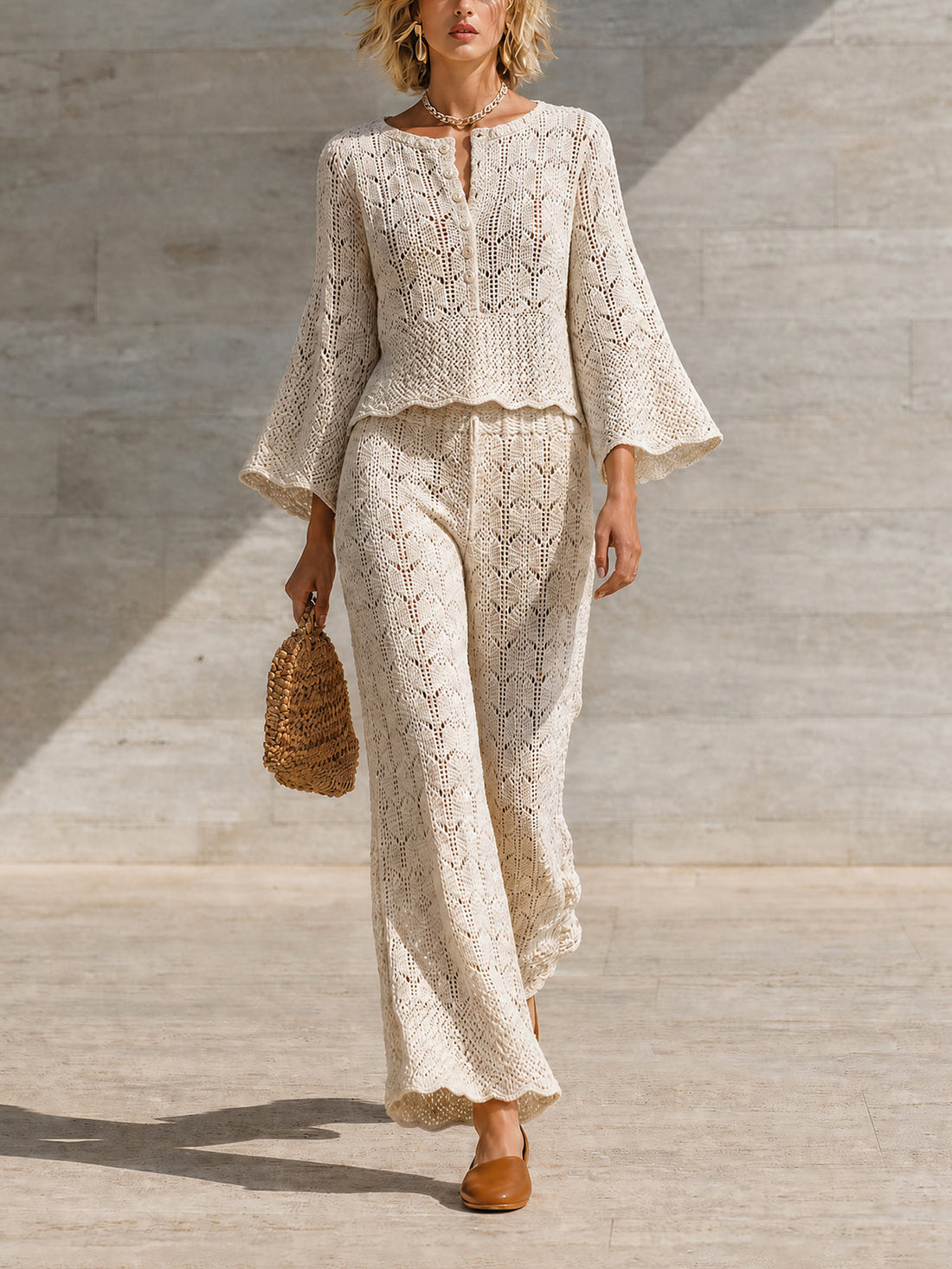 ElevenOra Chic Elegant Cream Round Neck Button Detail Three-Quarter Bell Sleeve Loose-Fit Sweater Wide Leg Trousers Mesh Knit Two Piece Pants Set