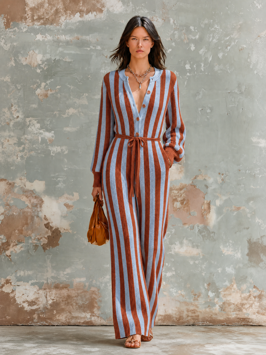ElevenOra Chic Elegant Blue-Rust Stripes Button Front Long Sleeve Tie Waist Loose-Fit Knit Wide-Leg Jumpsuit