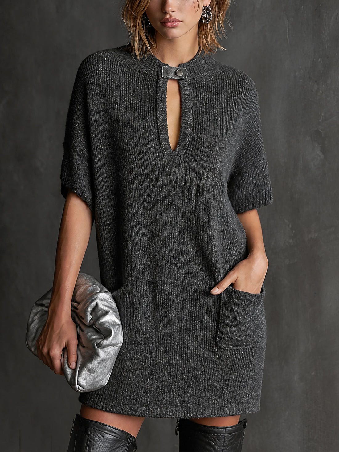 ElevenOra Chic Dark Gray-Silver Marled Turtleneck Leather Buckle Pockets Detail Half Sleeve Loose-Fit Mini Knit Dress
