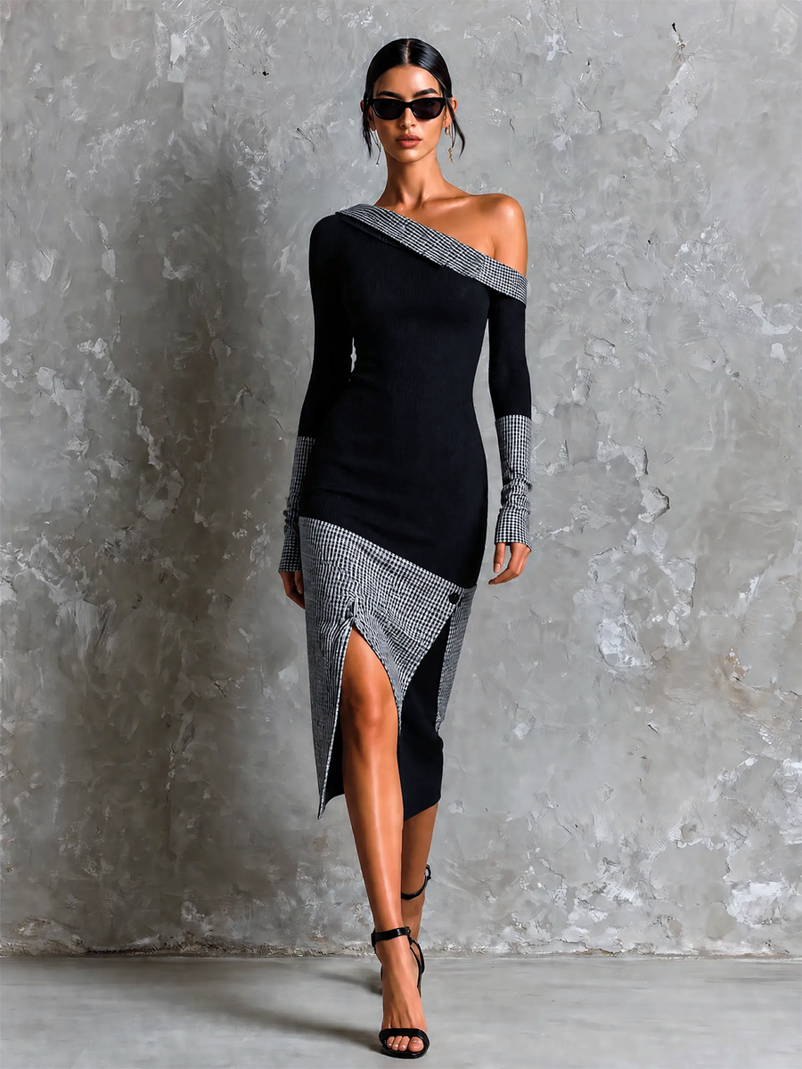 ElevenOra Chic Elegant Black Asymmetrical Off Shoulder Gingham Colorblock Long Sleeve Slim-Fit Side Slit Knit Midi Dress