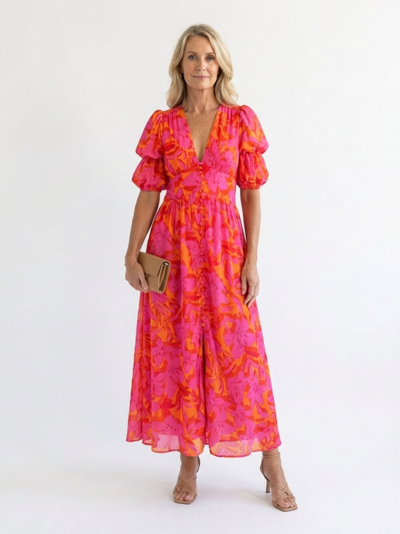 Stella & Grace™ | Floral V Neck Puff Sleeve Midi Dress