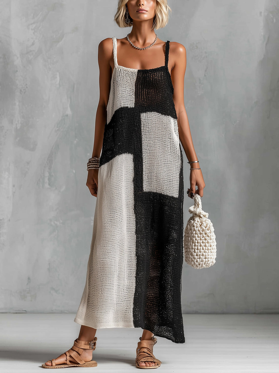ElevenOra Chic Elegant Black-White Colorblock Spaghetti-Strap Square-Neck Sleeveless Loose-Fit Hollow-Knit Maxi Dress