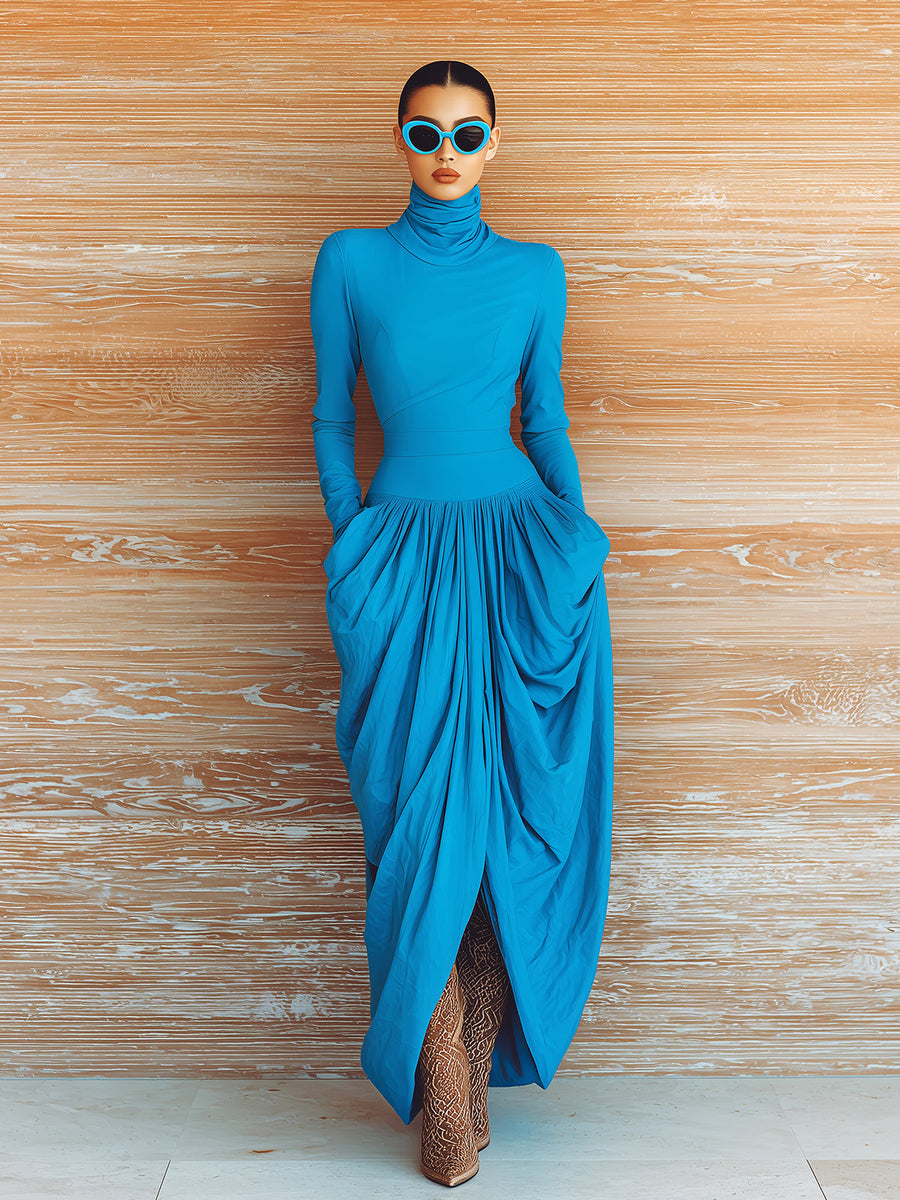 ElevenOra Chic Vintage Dark Blue Turtleneck Slim-Fit Long-Sleeve Top Ruched Irregular Hem Maxi Skirt Two-Piece Set
