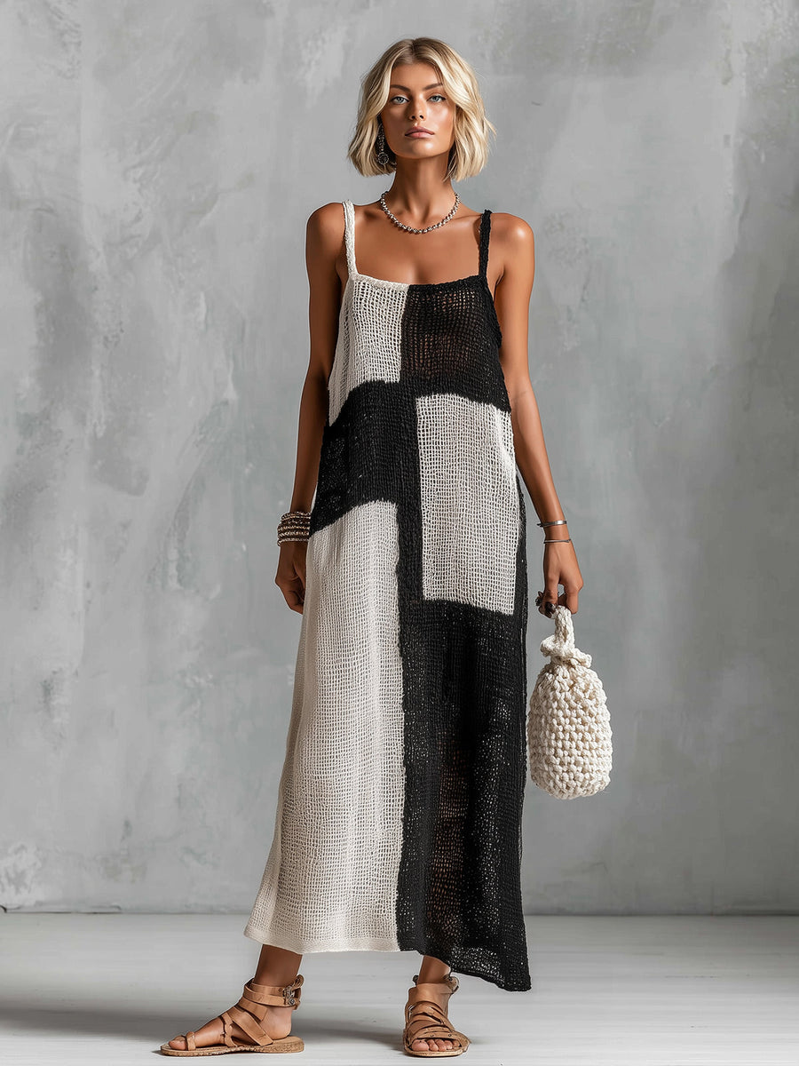 ElevenOra Chic Elegant Black-White Colorblock Spaghetti-Strap Square-Neck Sleeveless Loose-Fit Hollow-Knit Maxi Dress
