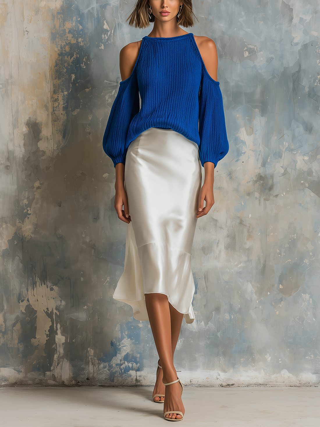 ElevenOra Chic Elegant Royal Blue Halter Crew-Neck Cold-Shoulder Balloon Sleeves Loose-Fit Knit Sweater White Satin Fabric Midi Skirt Two-Piece Set