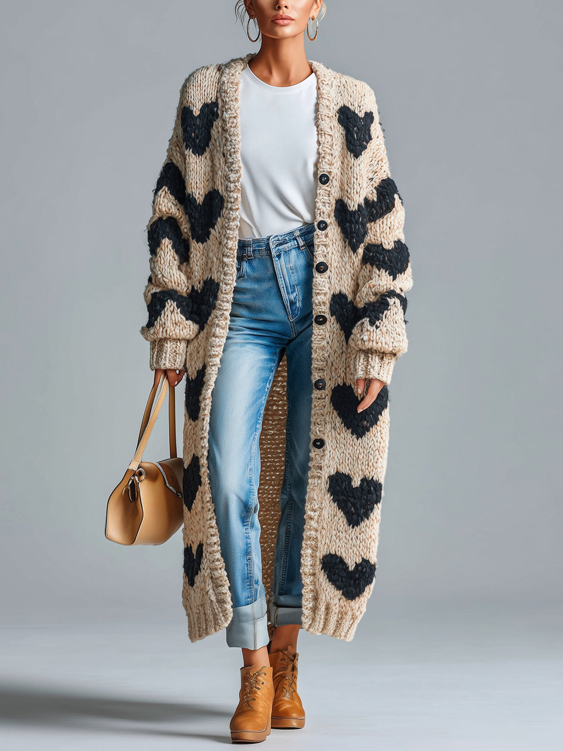 ElevenOra Chic Vintage Beige-Black Heart Jacquard Relaxed Fit Single-Breasted Long Sleeve Knit Long Cardigan