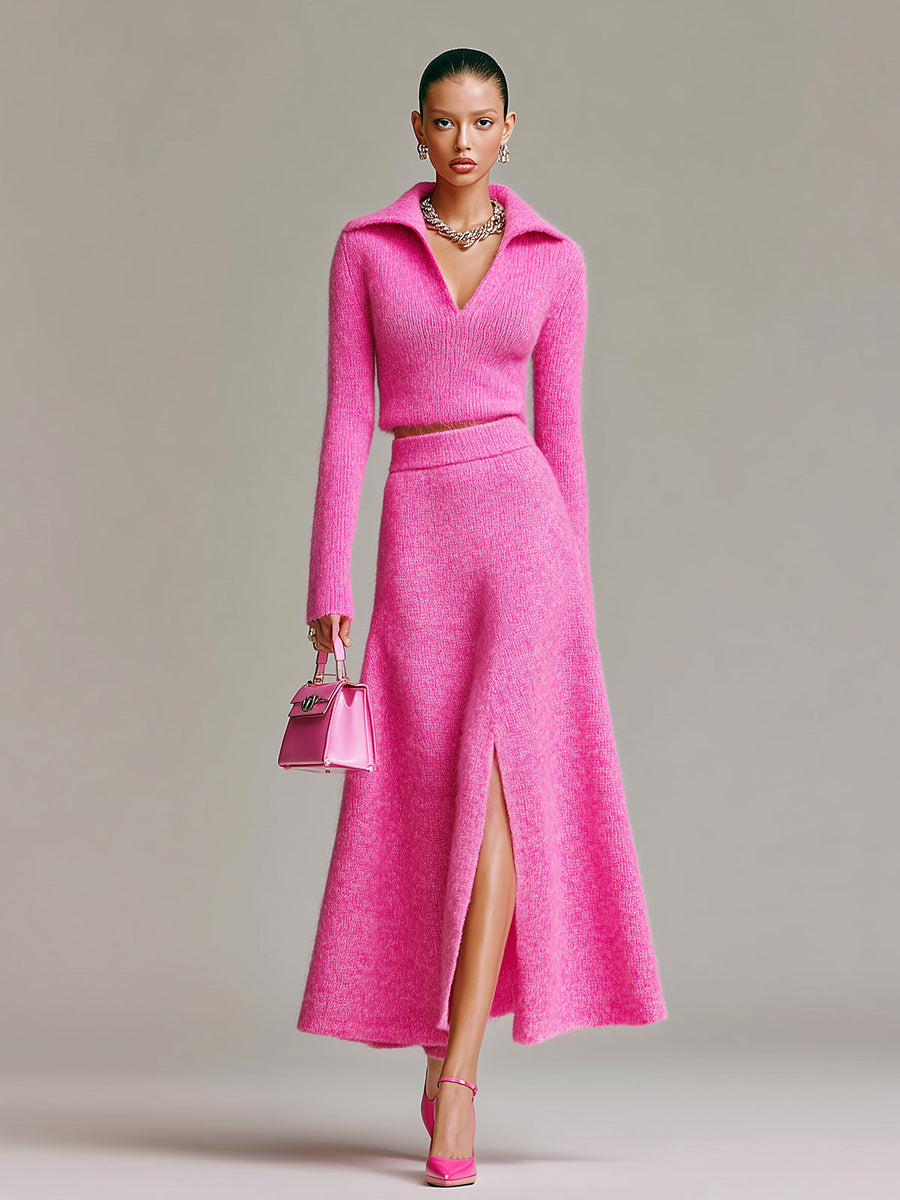 ElevenOra Chic Elegant Hot Pink Lapel Collar Long Sleeve Sweater A-Line Slit Maxi Skirt Knit Two-Piece Set