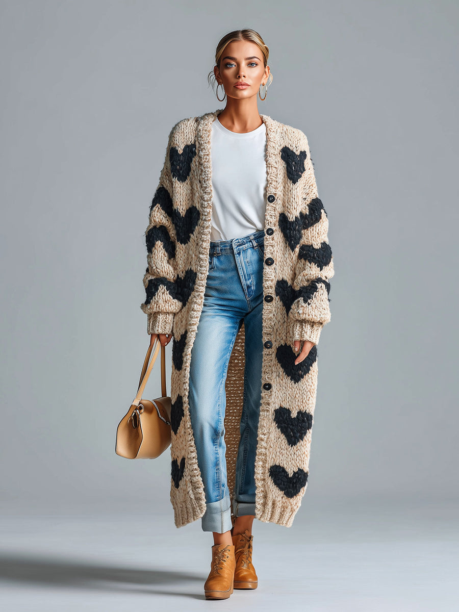 ElevenOra Chic Vintage Beige-Black Heart Jacquard Relaxed Fit Single-Breasted Long Sleeve Knit Long Cardigan