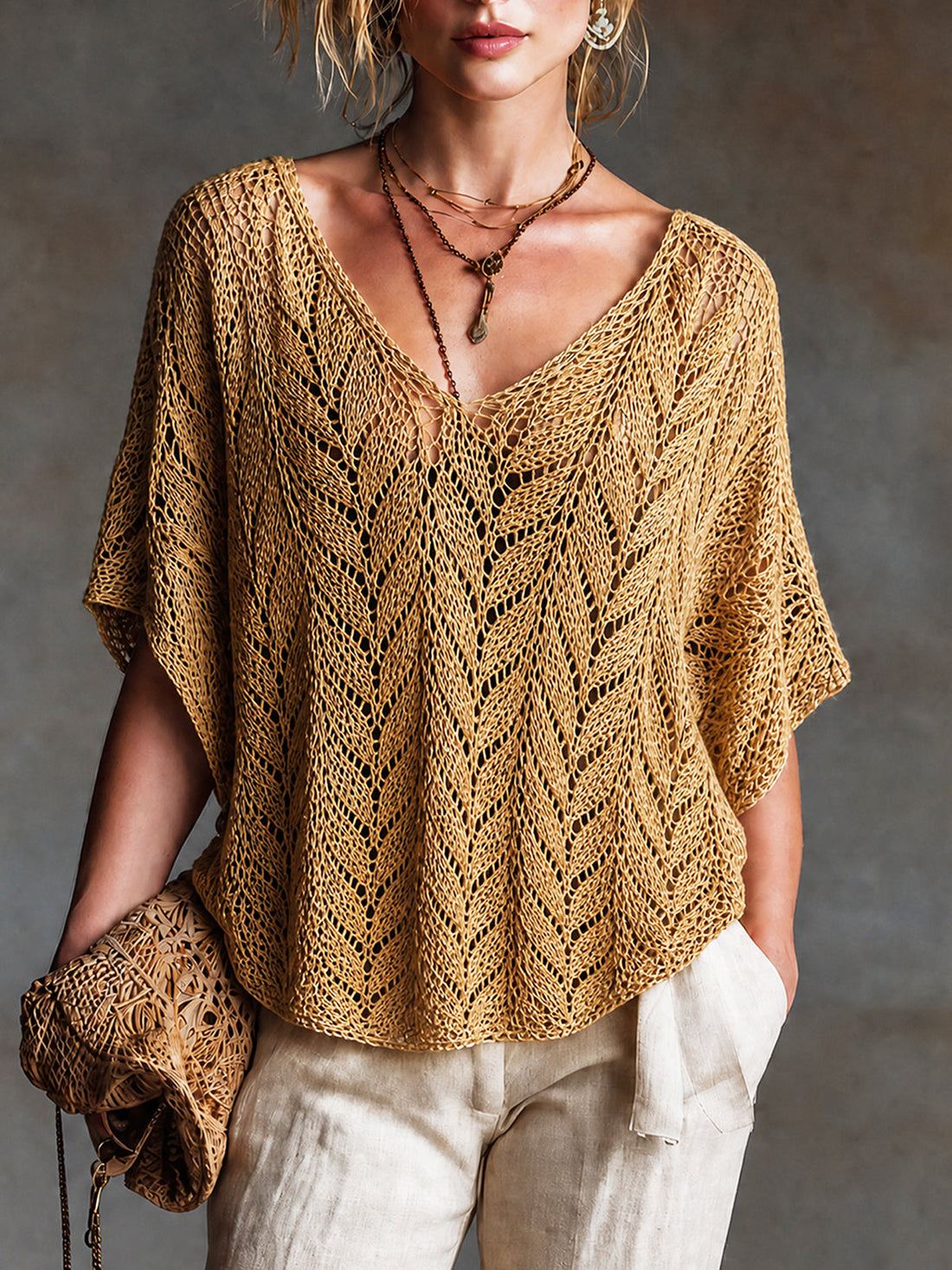 ElevenOra Chic Casual Mustard Yellow V-neck Short-sleeved Loose-Fit Knit Sweater