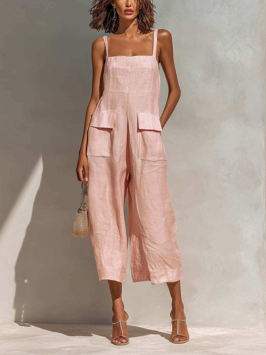 ElevenOra Chic Elegant Pink Cotton Linen Blend Thin Straps Sleeveless Patch Pockets Loose-Fit Wide-Leg Cropped Jumpsuit
