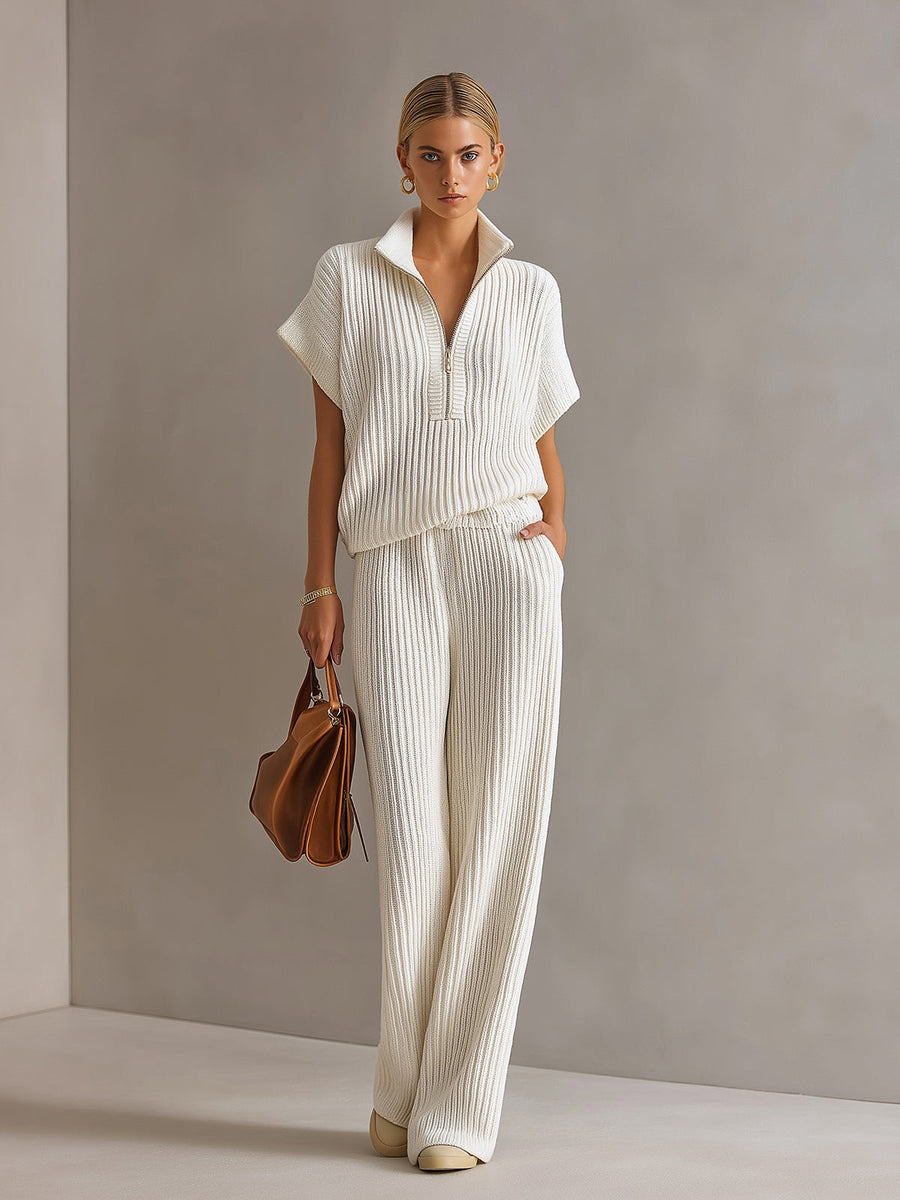 ElevenOra Chic Elegant Cream White Zipper-Up Stand Collar Oversize Short-Sleeve Sweater Wide-Leg Pants Ribbed Knit Two-Piece Set