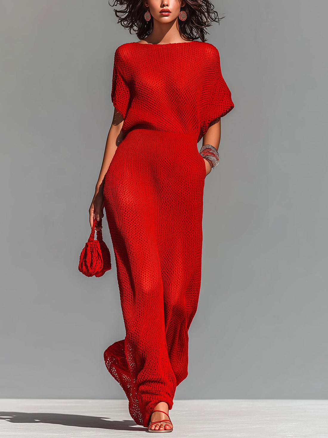 ElevenOra Chic Elegant Red Boat Neck Short-Sleeve Loose-Fit Breathable Knit Maxi Dress (Including A Slip Dress)