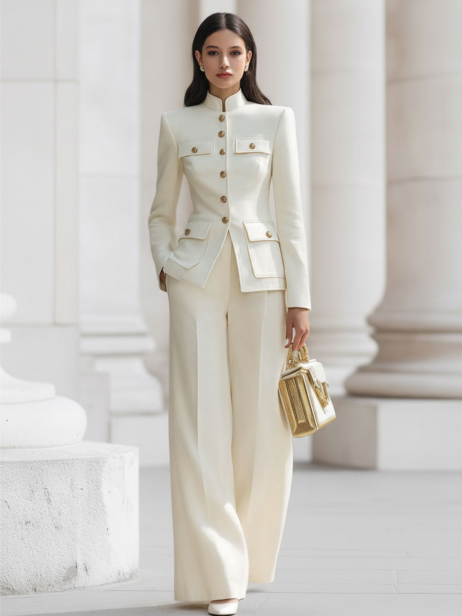 Christina - Elegant Cream Tailored Suit Set with Golden Accents