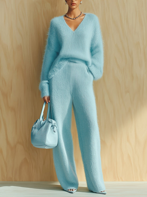 ElevenOra Chic Vintage Baby Blue V-Neck Long Sleeve Oversized Sweater Wide-Leg Pants Fuzzy Knit Two-Piece Set