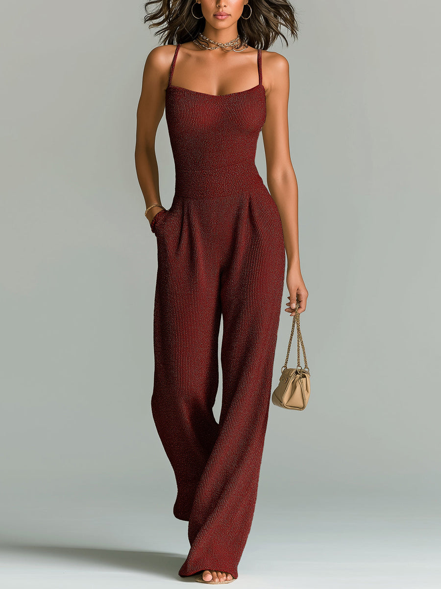 ElevenOra Chic Casual Camel Strappy Sleeveless Tailored Waist Wide Leg Ribbed Knit Jumpsuit