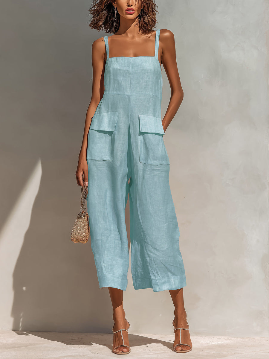 ElevenOra Chic Elegant Pink Cotton Linen Blend Thin Straps Sleeveless  Patch Pockets Loose-Fit Wide-Leg Cropped Jumpsuit