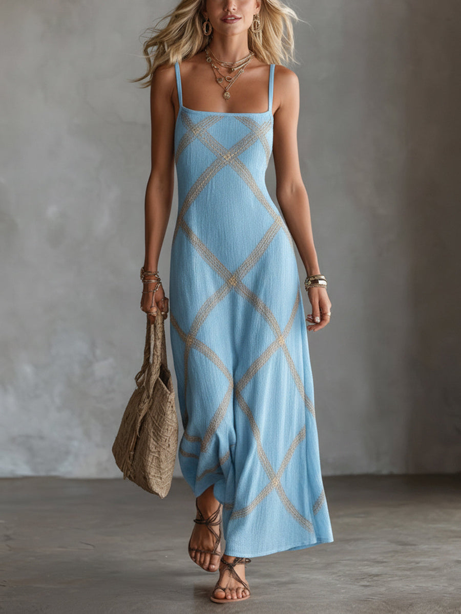 ElevenOra Chic Elegant Black-Camel Geometrical Printed Spaghetti Straps Square-Neck Sleeveless A-Line Maxi Dress