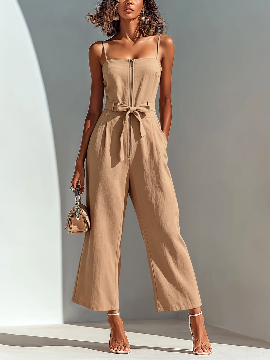 ElevenOra Chic Casual Camel Cotton-Linen Blend Strappy Sleeveless Zipper-Front Tie-Waist Wide-Leg Cropped Jumpsuit