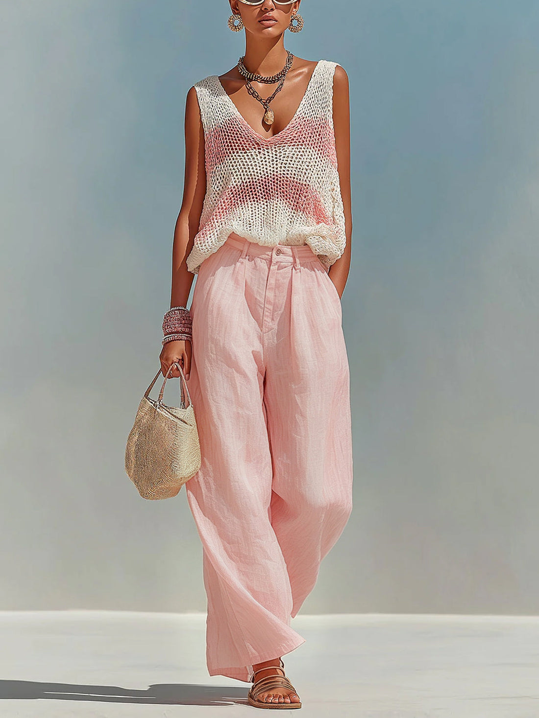 ElevenOra Chic Elegant Pink-White Stripes V-Neck Sleeveless Loose-Fit Knit Tank Top Pink Satin Pants Two-Piece Set