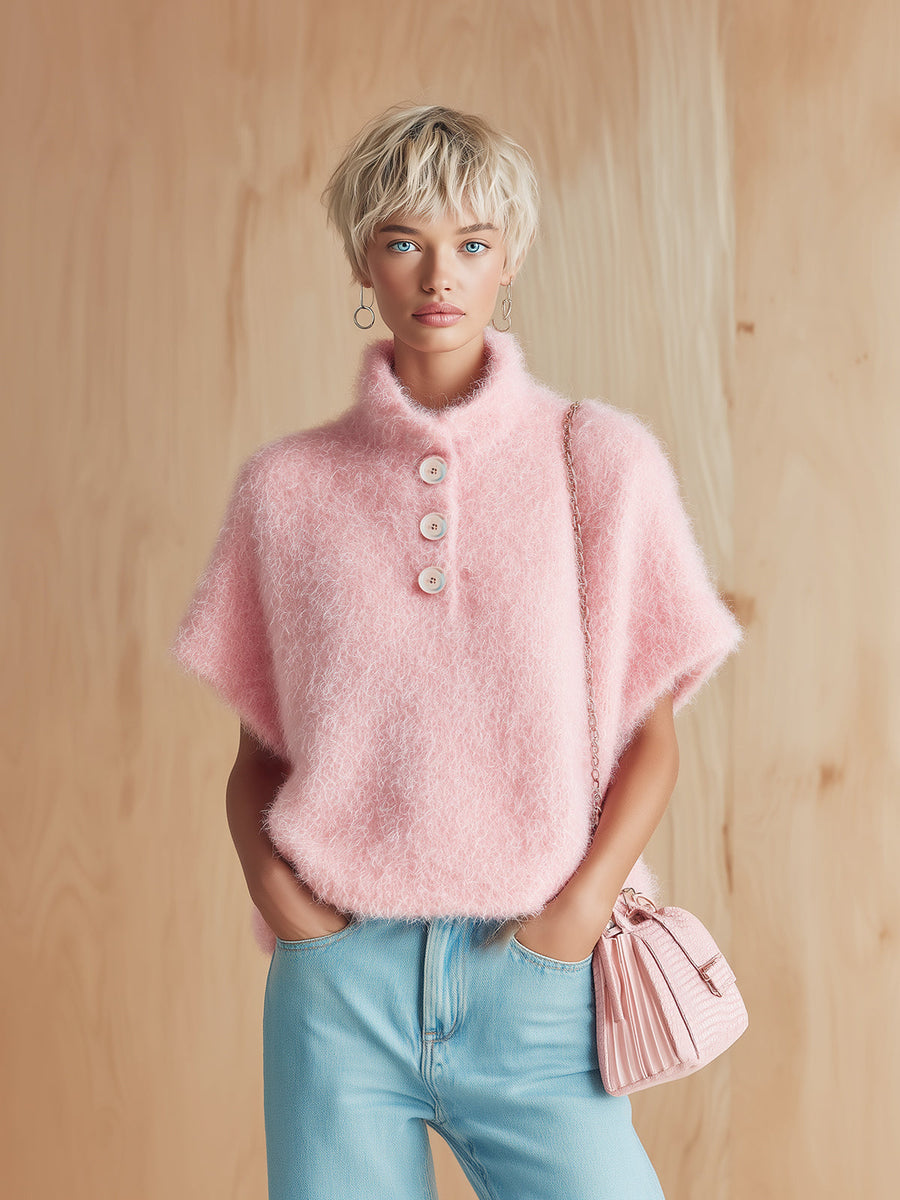 ElevenOra Chic Vintage Pink Stand Collar Button-Front Short-Sleeve Fuzzy Knit Sweater Top